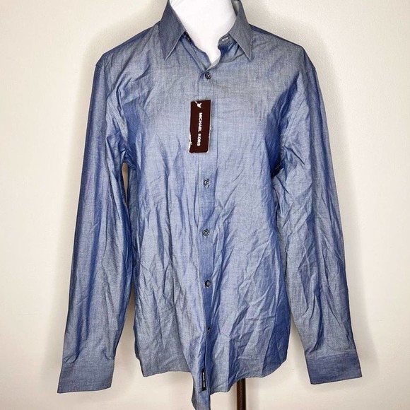NWT Michael Kors Button Up Shirt Mens MEDIUM Classic Chambray Indigo Long Sleeve - Picture 1 of 6